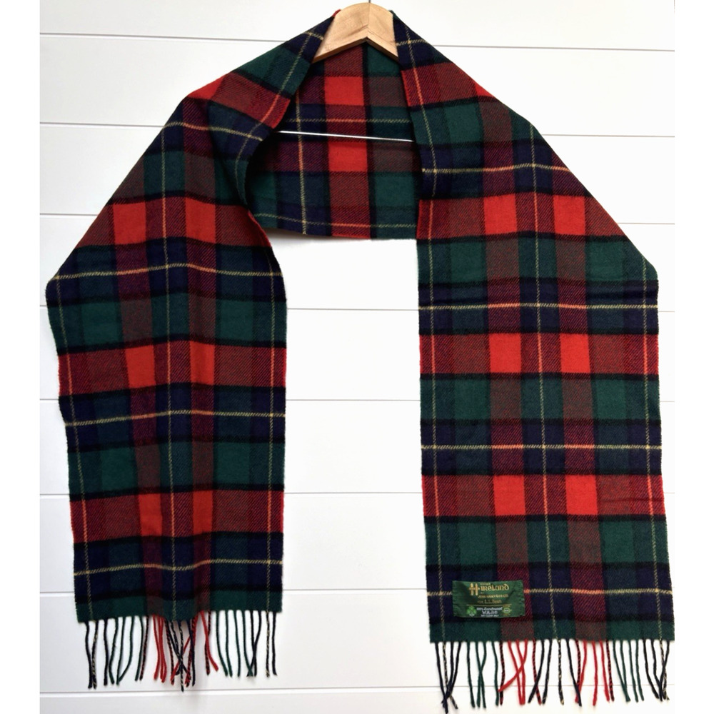 LL Bean Irish Lambswool Tartan Plaid Fringe Scarf Red Green Blue Made in Ireland